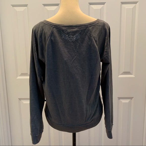 ROCK & REPUBLIC Grey Stud Skull Wings Sweatshirt L - Picture 3 of 7